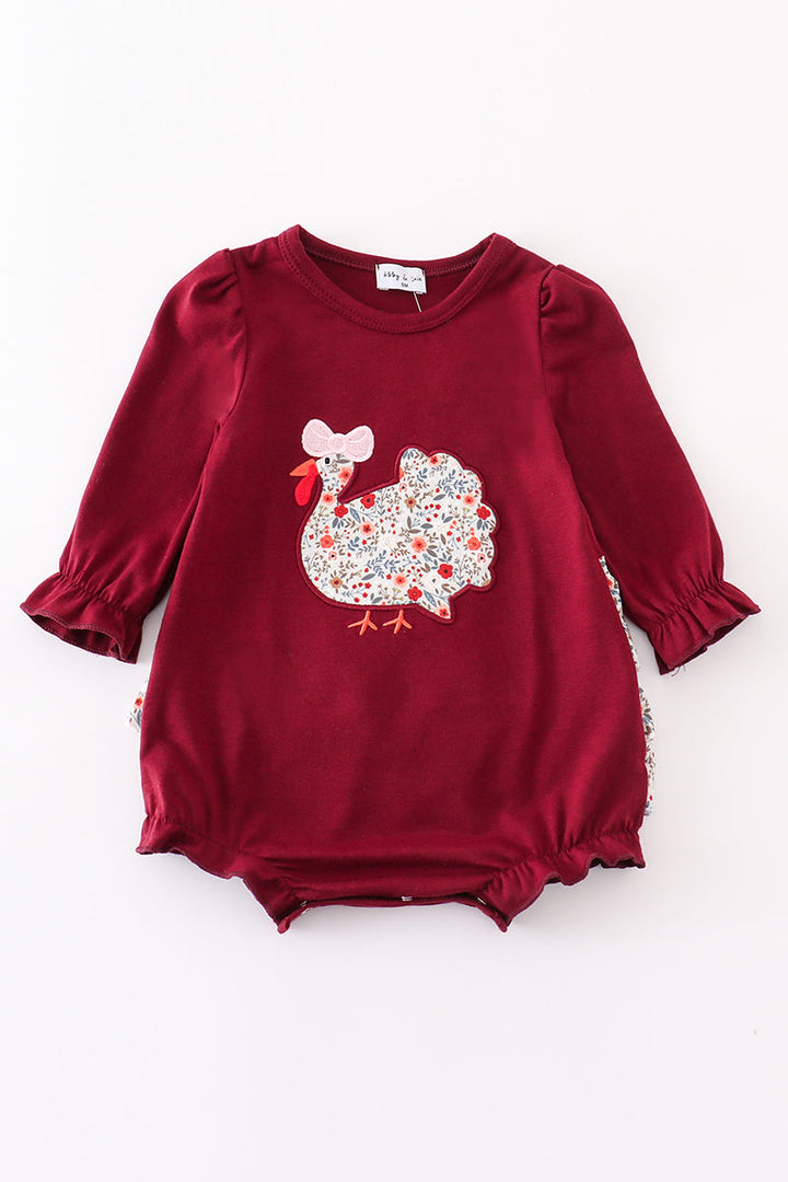 Maroon Thanksgiving Turkey Applique Floral Girl Bubble