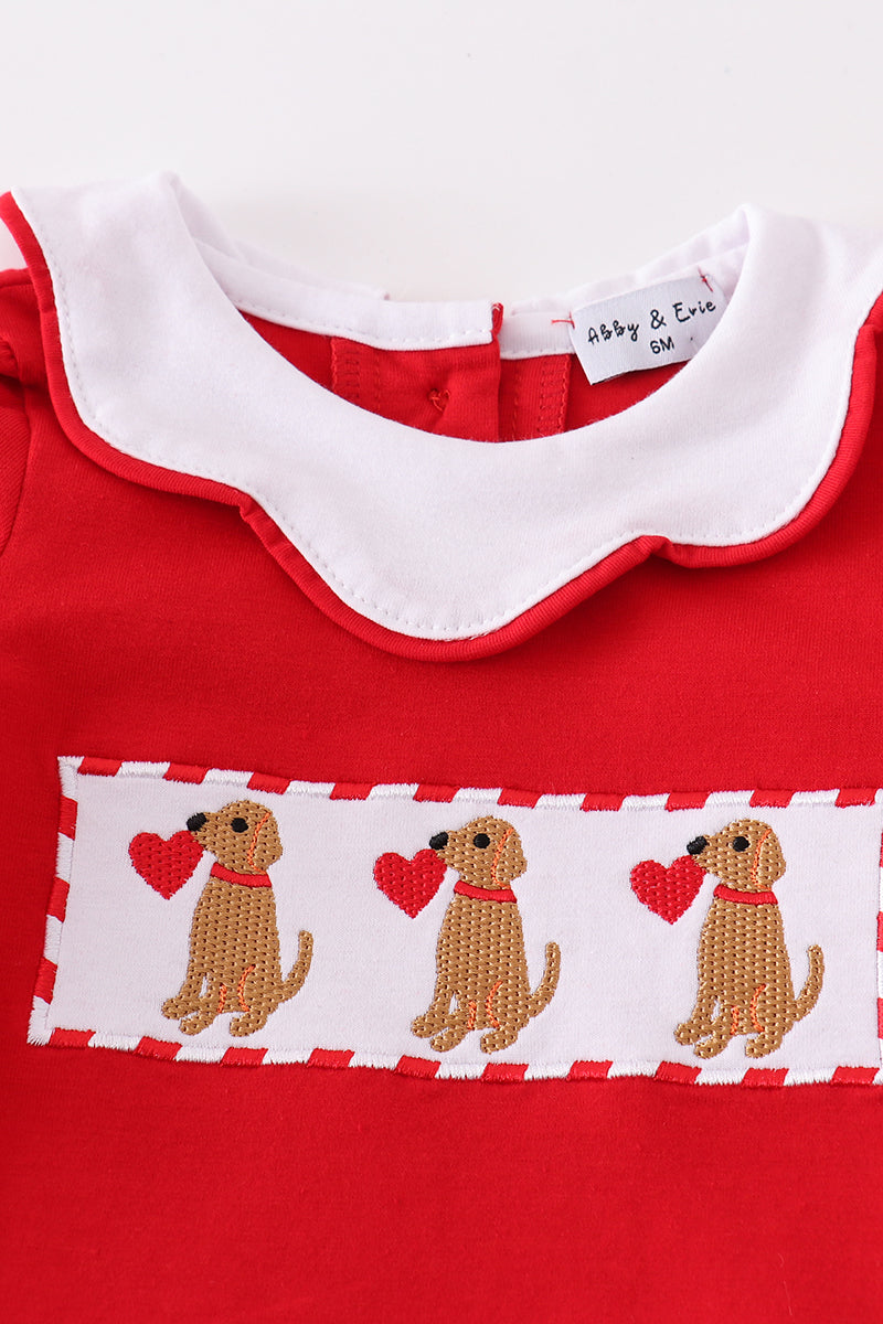 Red Valentine Puppy Embroidery Girl Bloomer Set