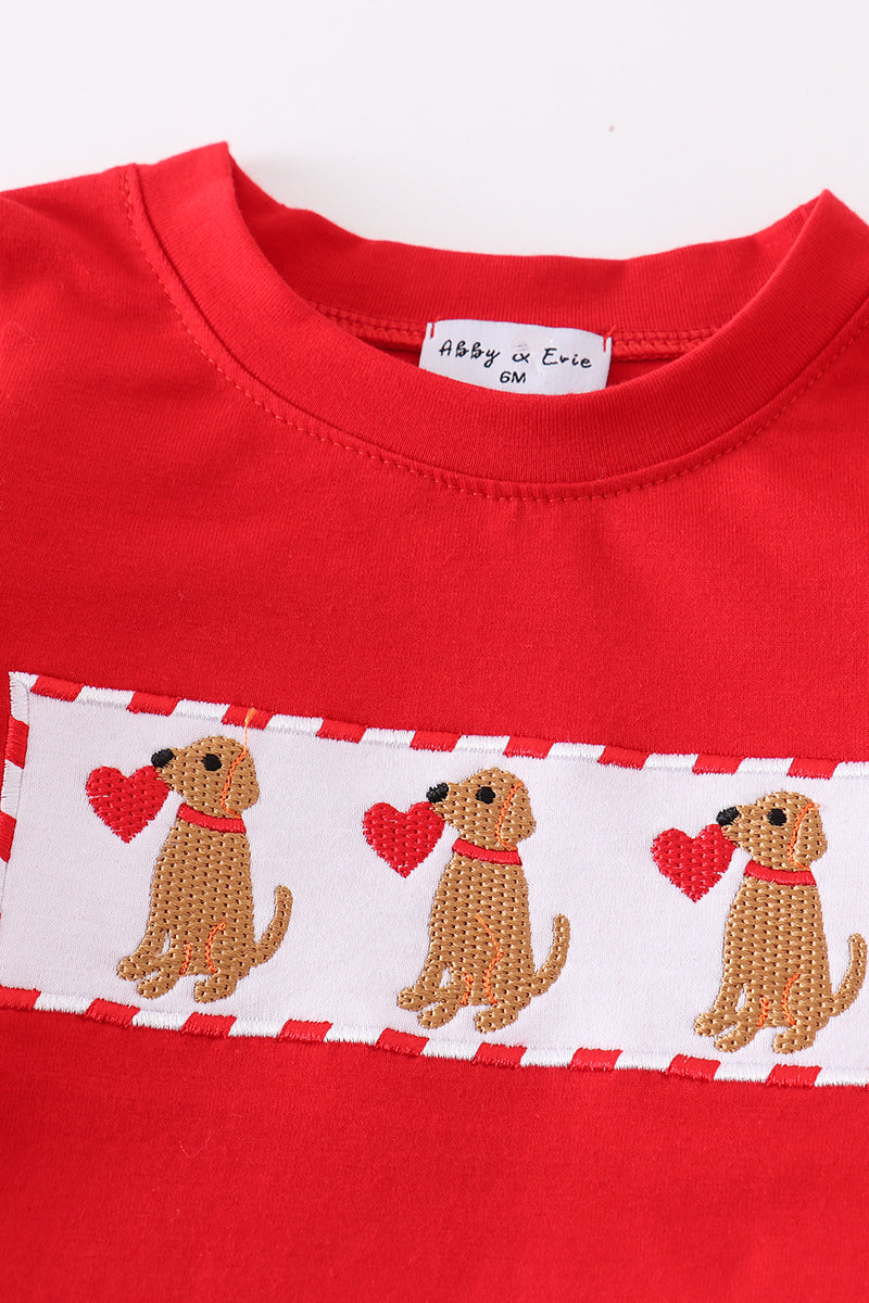 Red Valentine Puppy Embroidery Boy Bloomer Set