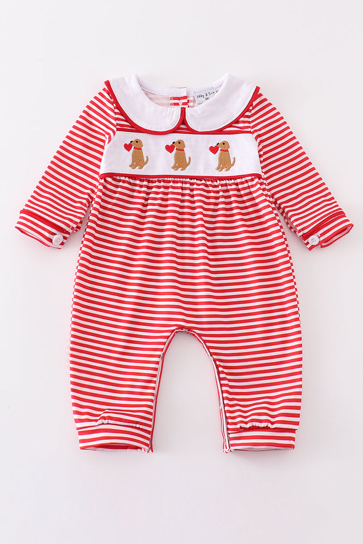 Red Valentine Puppy Embroidery Boy Romper