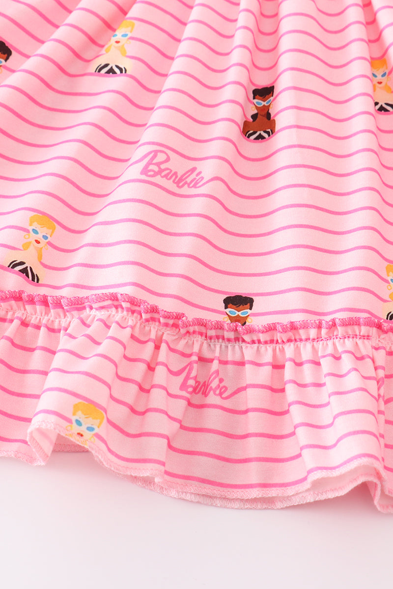 Pink Stripe Barbie Print Girl Ruffle Set