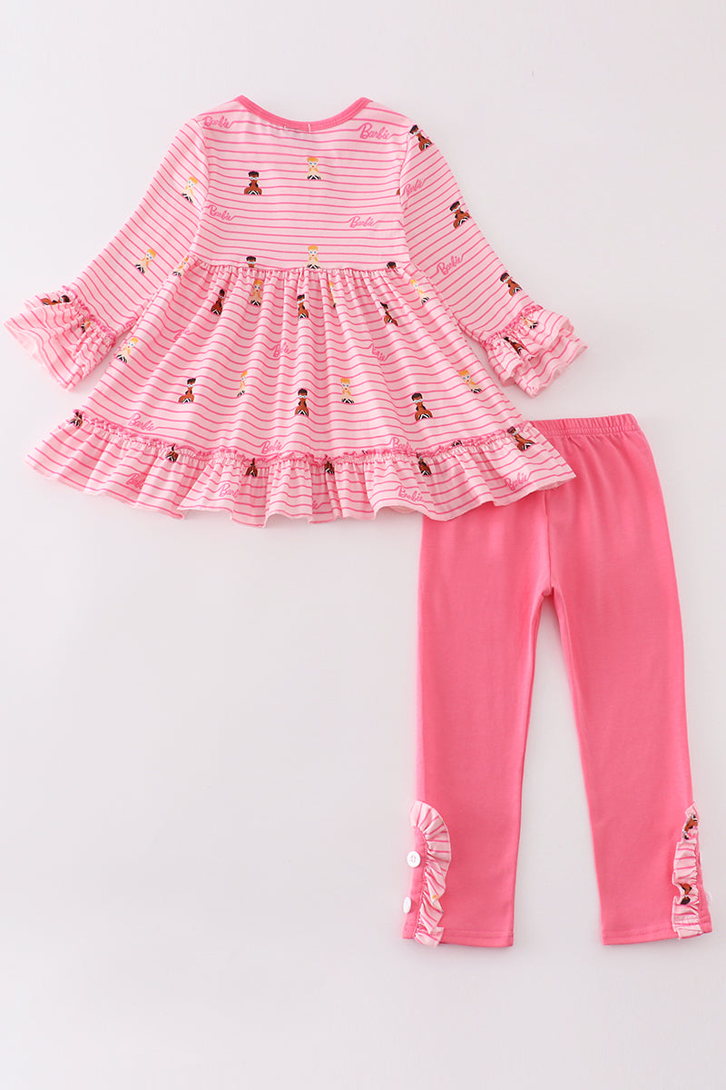 Pink Stripe Barbie Print Girl Ruffle Set