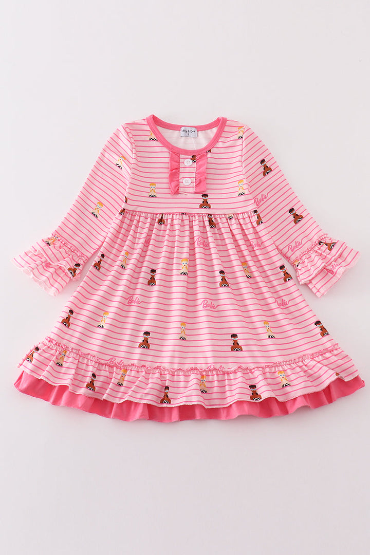 Pink Stripe Barbie Print Ruffle Dress