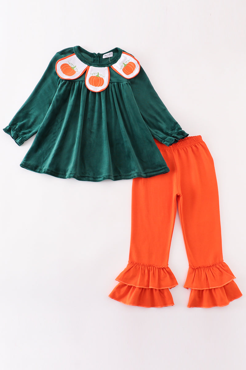 Forest Velvet Pumpkin Embroidery Girl Set