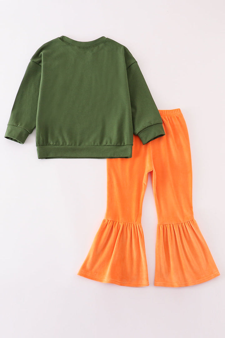 Green Howdy Santa Print Velvet Bell Girl Pants Set