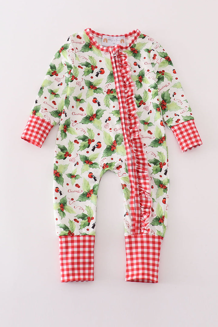 Christmas Holly Print Girl Romper