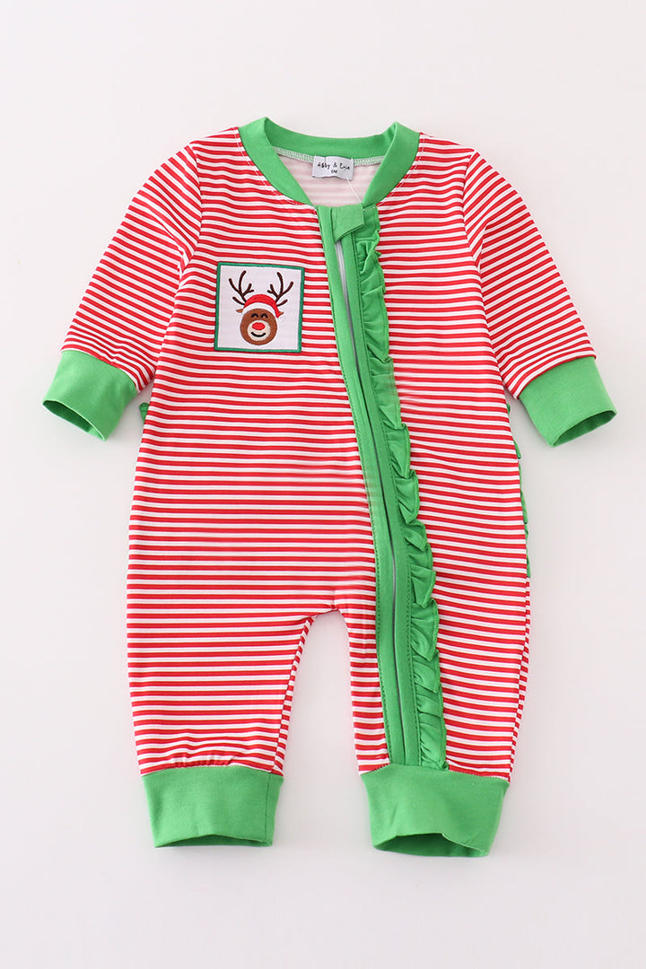 Red Stripe Christmas Reindeer Embroidery Girl Romper