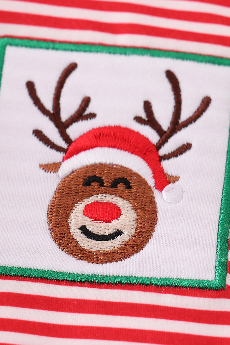 Red Stripe Christmas Reindeer Embroidery Girl Romper