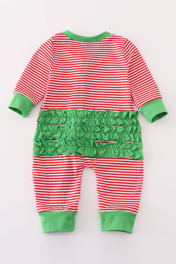 Red Stripe Christmas Reindeer Embroidery Girl Romper