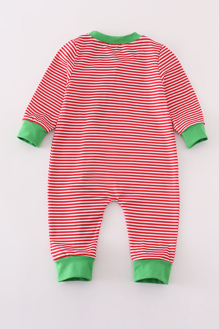 Red Stripe Christmas Reindeer Embroidery Boy Romper