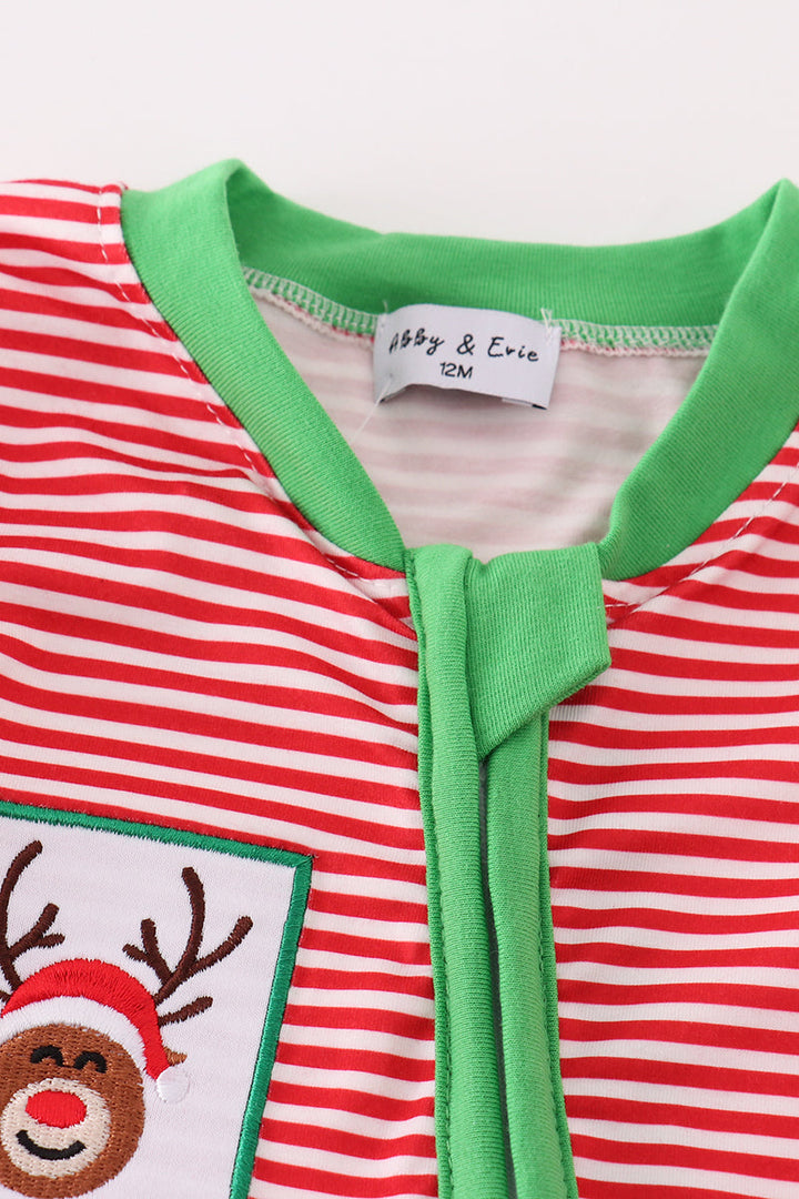 Red Stripe Christmas Reindeer Embroidery Boy Romper