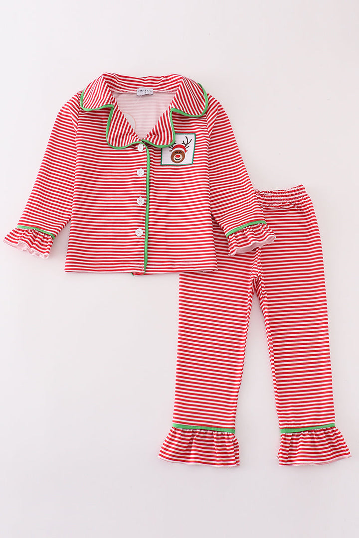 Red Stripe Christmas Reindeer Embroidery Girl Pajamas Set