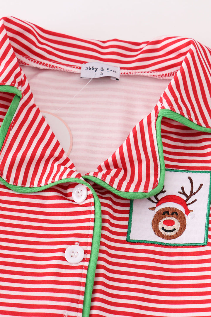 Red Stripe Christmas Reindeer Embroidery Girl Pajamas Set