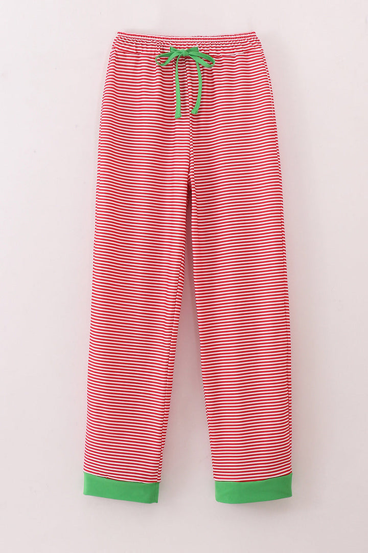 Red Stripe Christmas Reindeer Embroidery Women Pajamas Pants