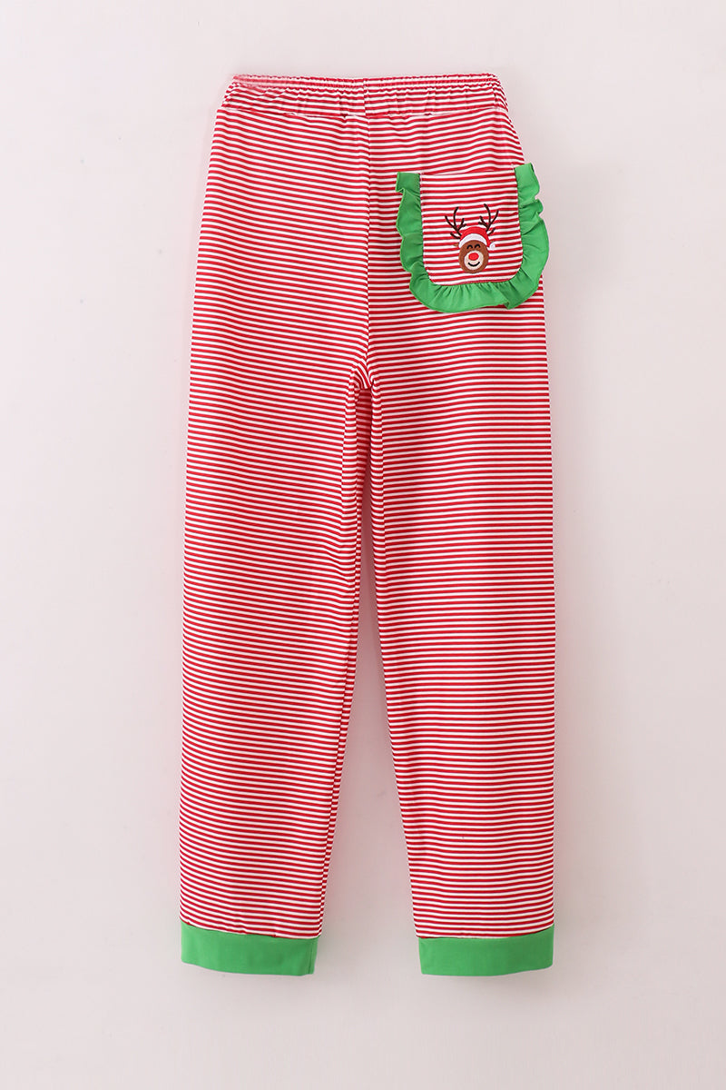 Red Stripe Christmas Reindeer Embroidery Women Pajamas Pants