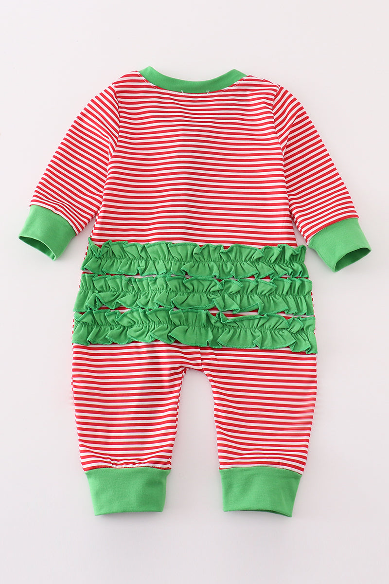 Red Stripe Christmas Tree Ruffle Girl Romper