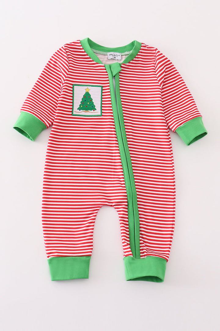 Red Stripe Christmas Tree Embroidery Boy Romper