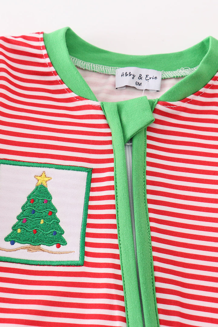 Red Stripe Christmas Tree Embroidery Boy Romper