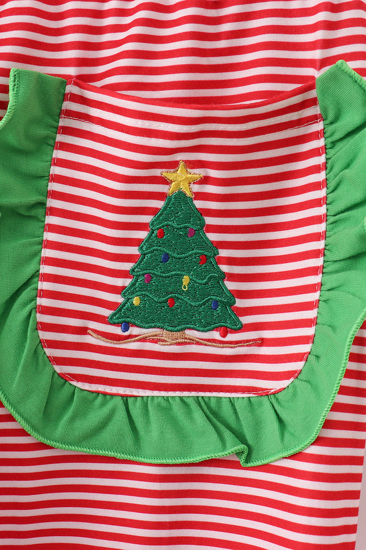 Red Stripe Christmas Tree Embroidery Mom Pajamas Pants