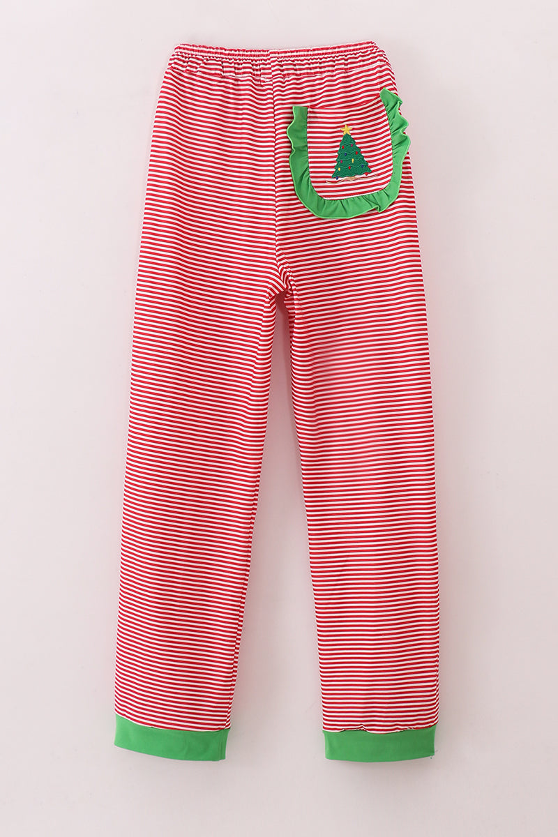 Red Stripe Christmas Tree Embroidery Mom Pajamas Pants