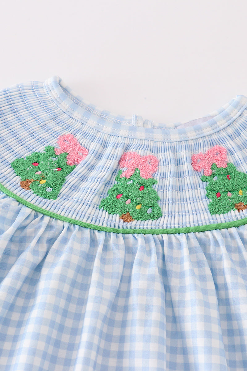 Blue Christmas Tree French Knot Smocked Dress