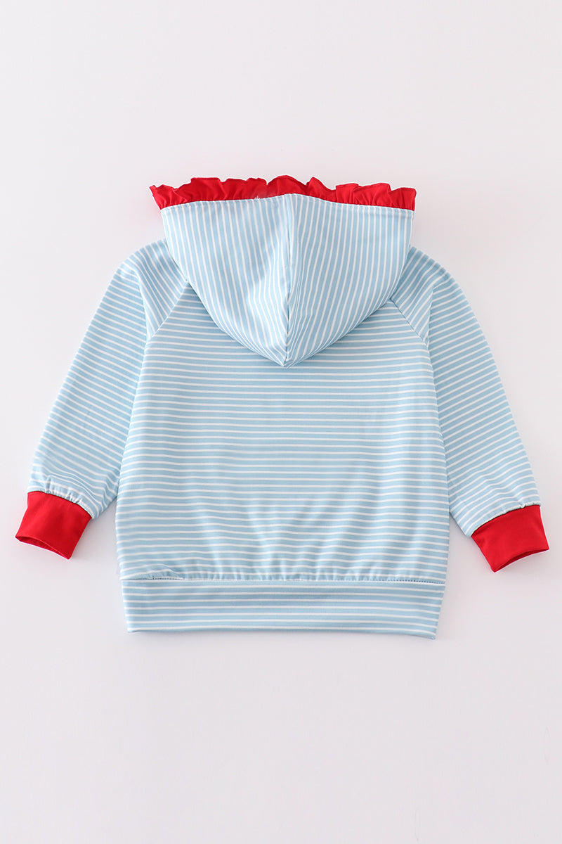 Blue Stripe Christmas Santa Ruffle Embroidery Girl Hoodie