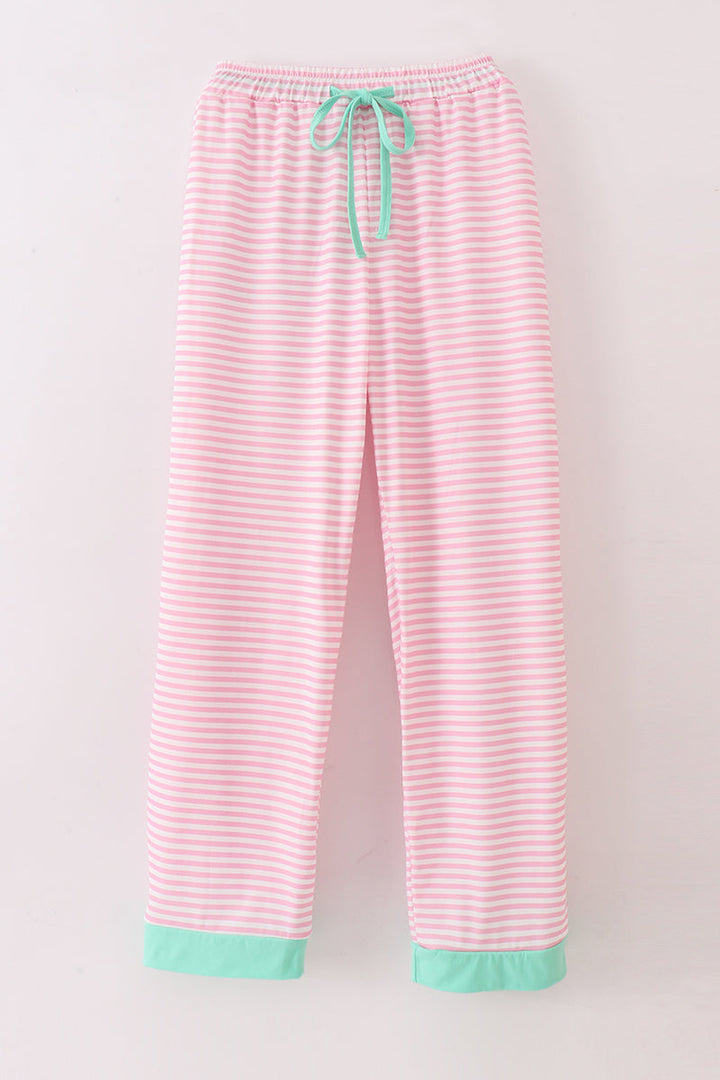 Pink Stripe Christmas Santa Claus Embroidery Women Pajamas Pants