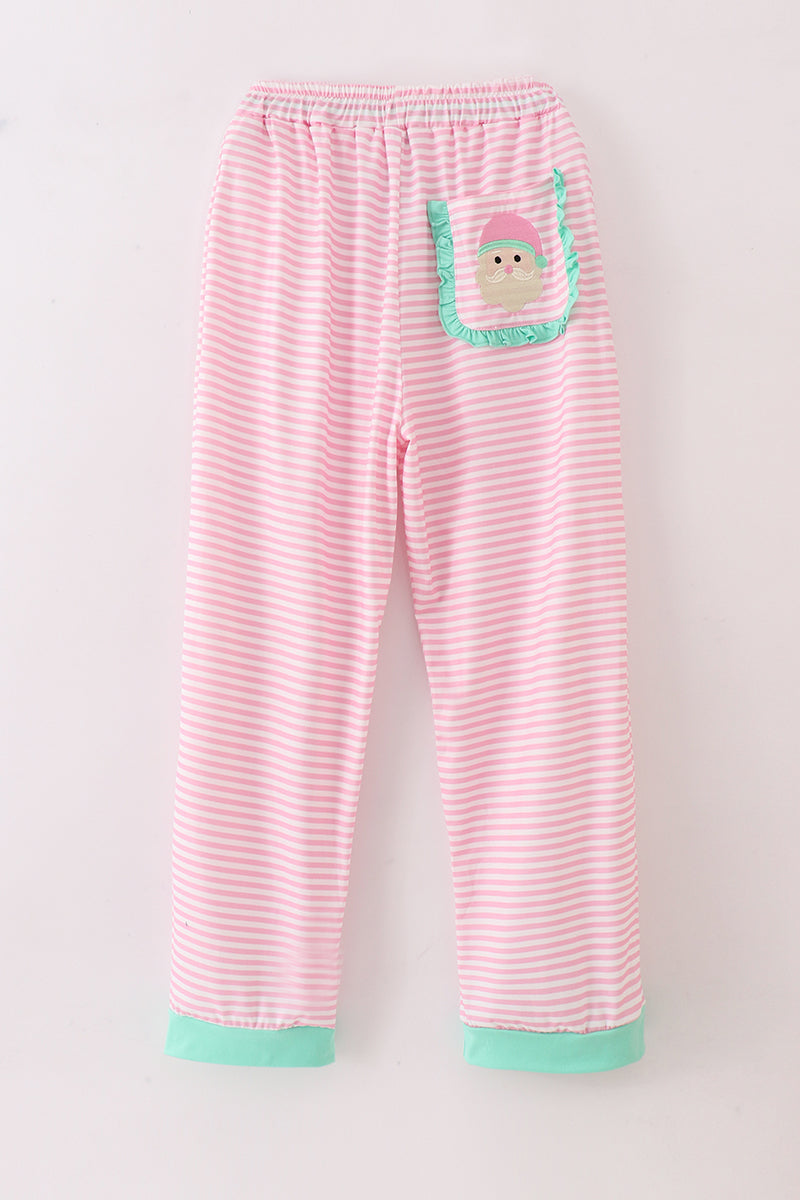 Pink Stripe Christmas Santa Claus Embroidery Women Pajamas Pants