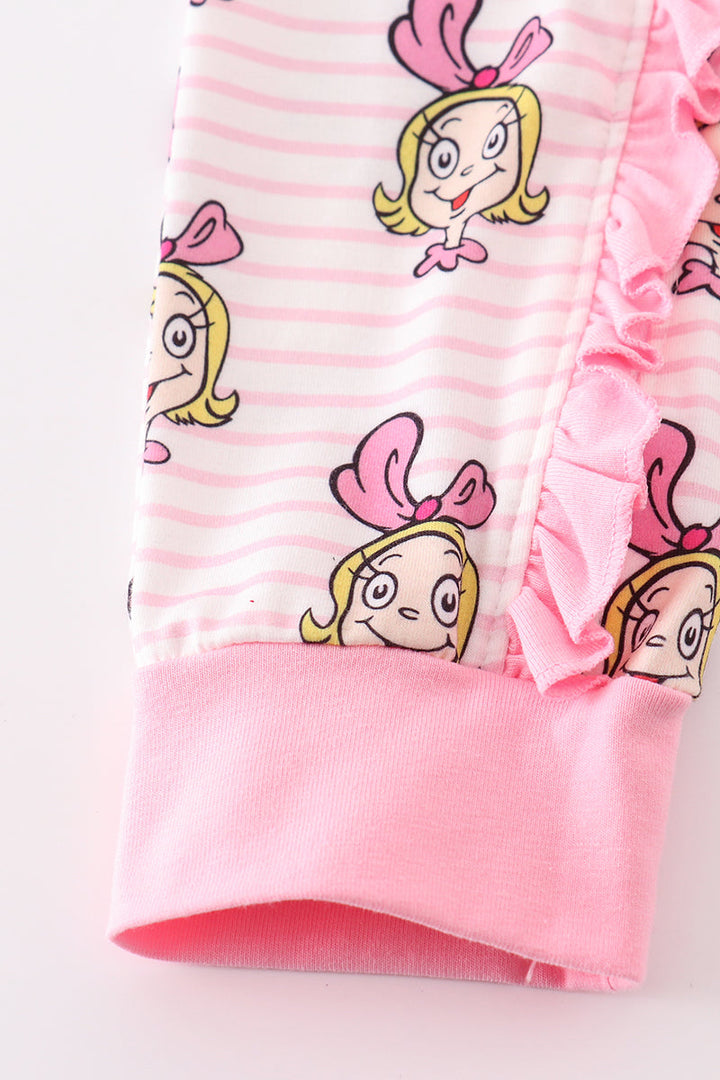 Pink Stripe Character Print Zipper Girl Romper