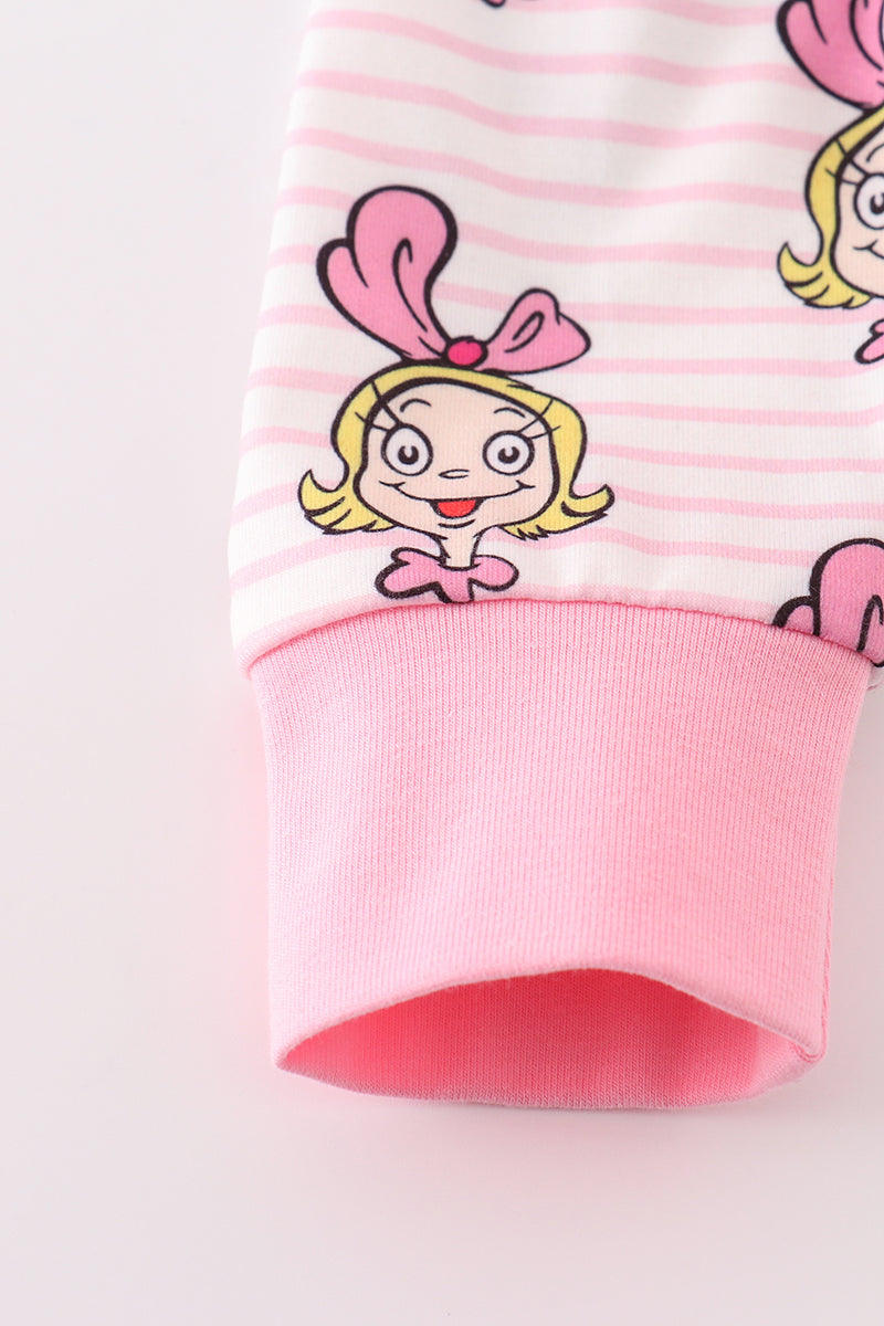 Pink Stripe Character Print Zipper Girl Romper