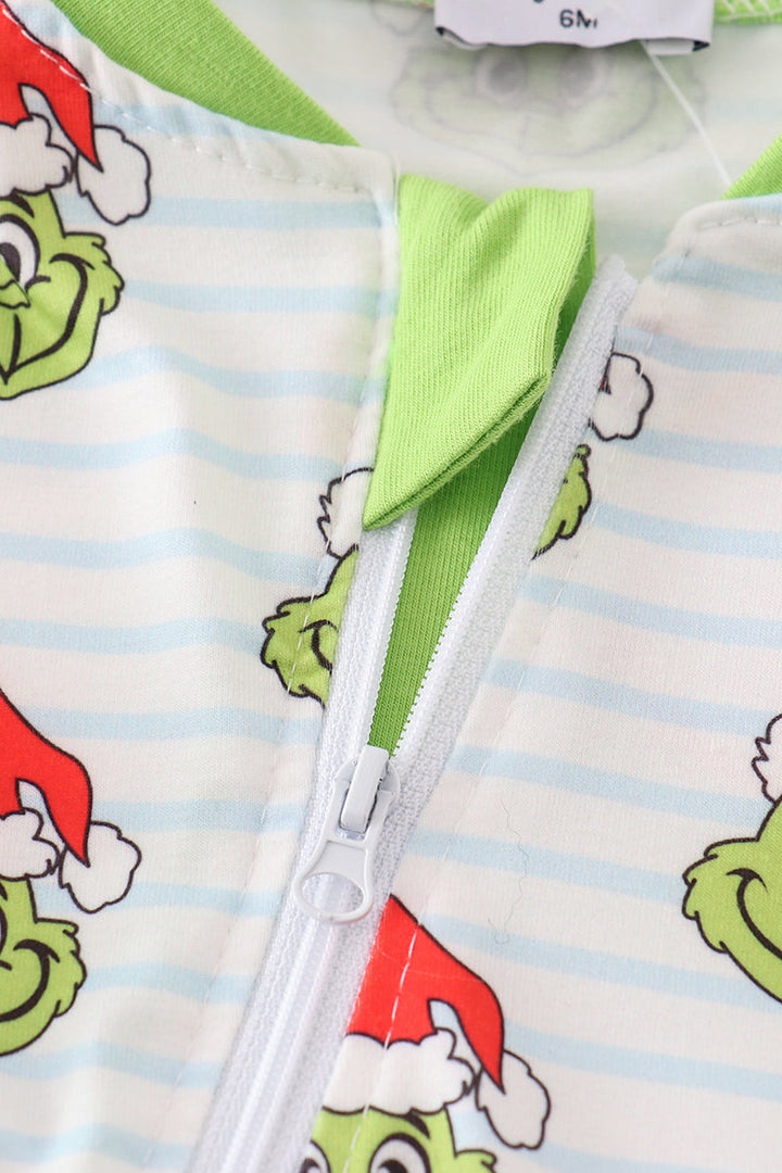 Green Stripe Christmas Grinch Zipper Boy Romper