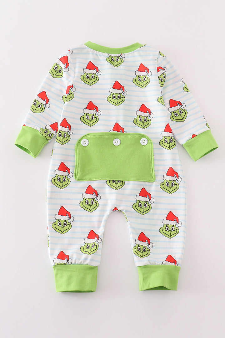 Green Stripe Christmas Grinch Zipper Boy Romper