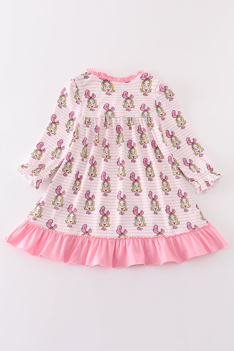 Pink Stripe Character Print Girl Gown