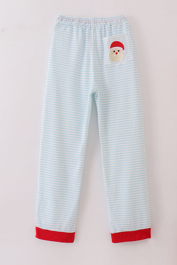 Blue Stripe Christmas Santa Claus Embroidery Men Pajamas Pants