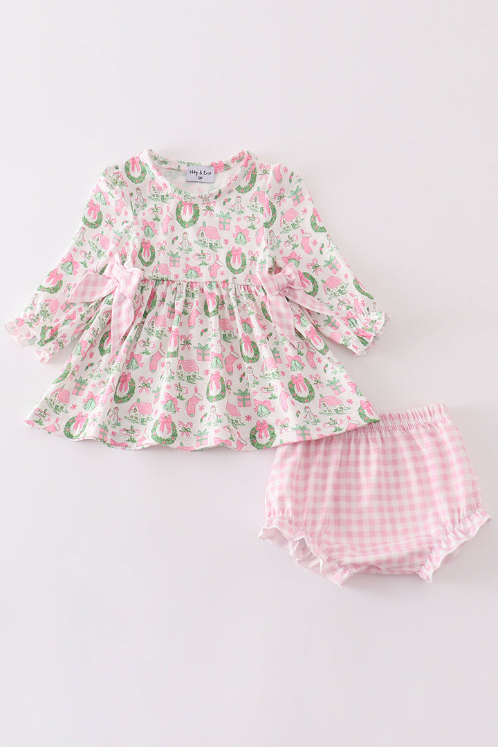 Pink Watercolor Christmas Print Baby Bloomer Set