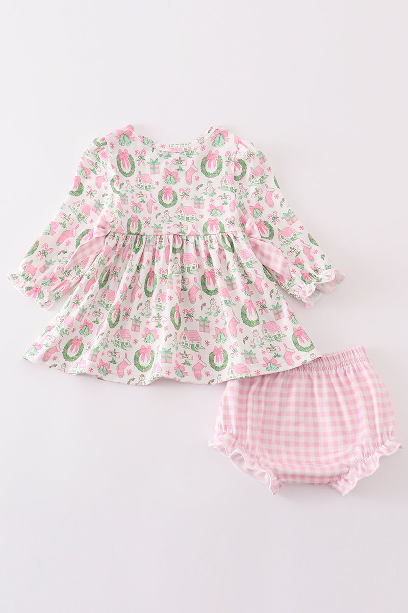 Pink Watercolor Christmas Print Baby Bloomer Set