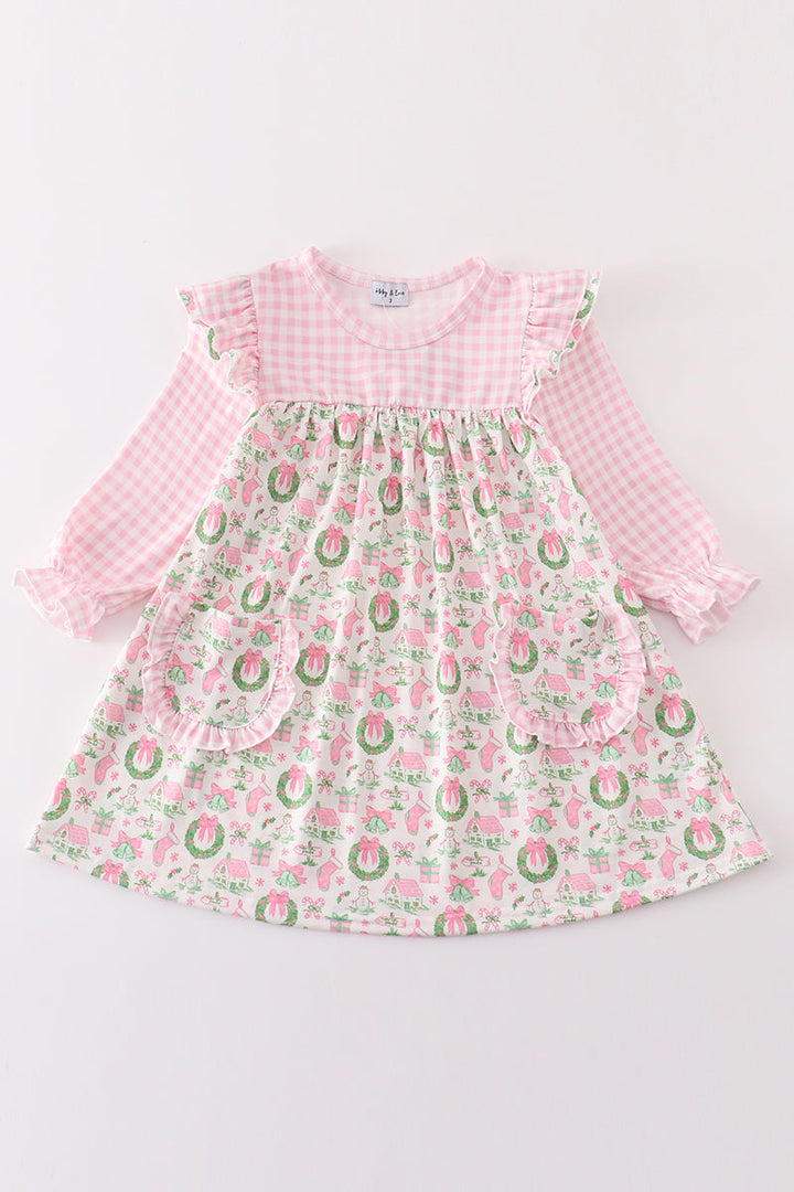 Pink Watercolor Christmas Print Girl Dress