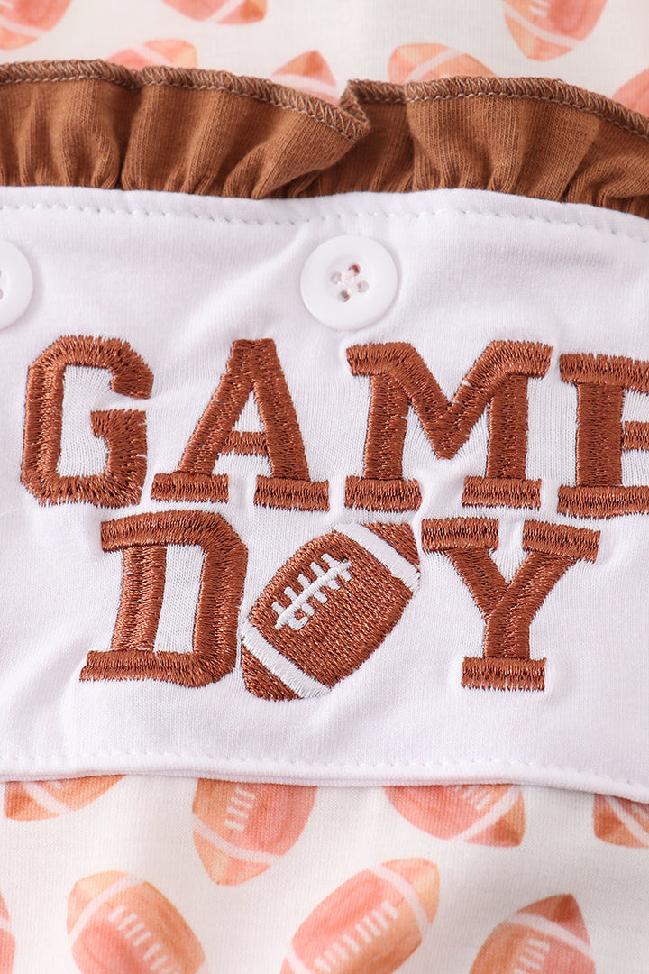 Brown Football Game Day Embroidery Girl Romper