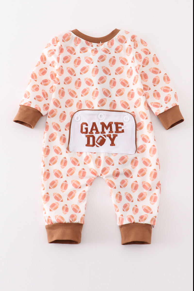 Brown Football Game Day Embroidery Boy Romper