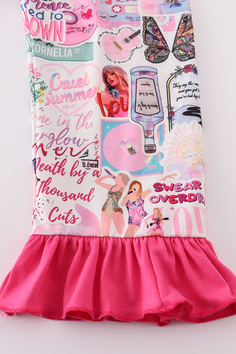 Pink Music Fan Print Girl Pajamas Set