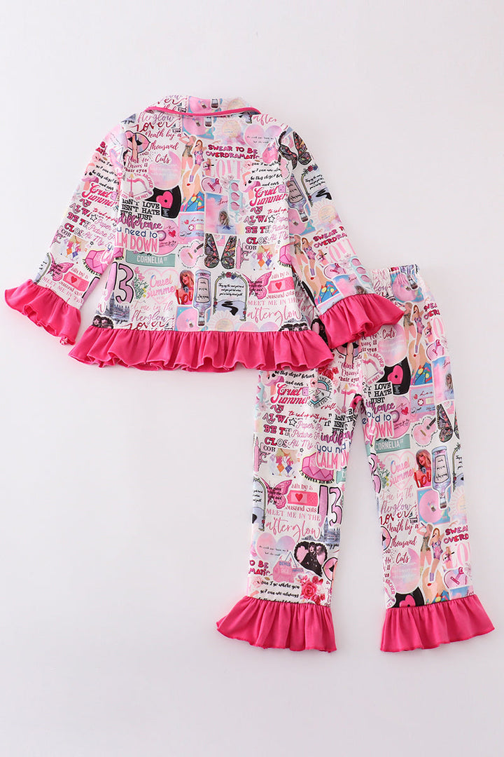 Pink Music Fan Print Girl Pajamas Set