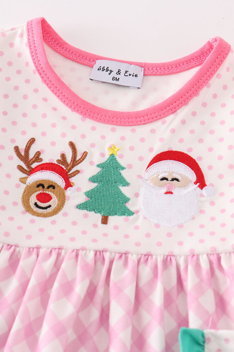 Pink Christmas Santa Reindeer Tree Embroidery Girl Bloomer Set