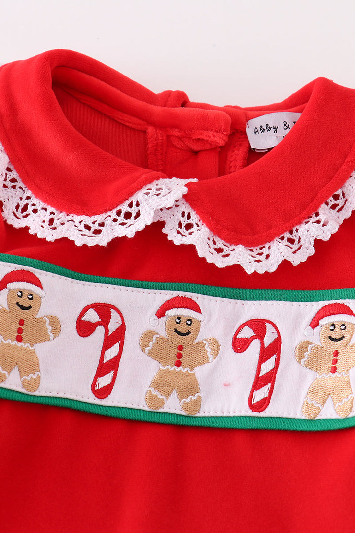 Red Velvet Christmas Gingerbread Embroidery Girl Ruffle Romper