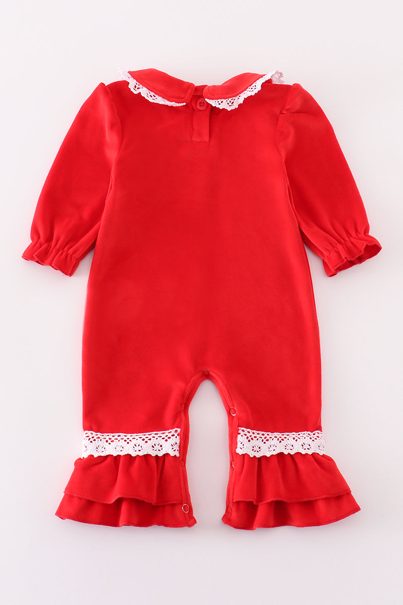 Red Velvet Christmas Gingerbread Embroidery Girl Ruffle Romper