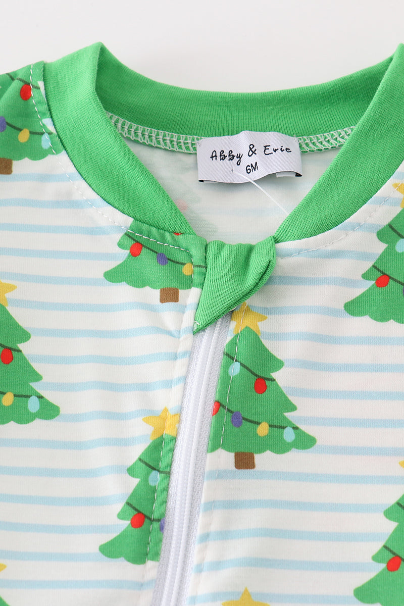 Green Christmas Tree Print Zip Romper