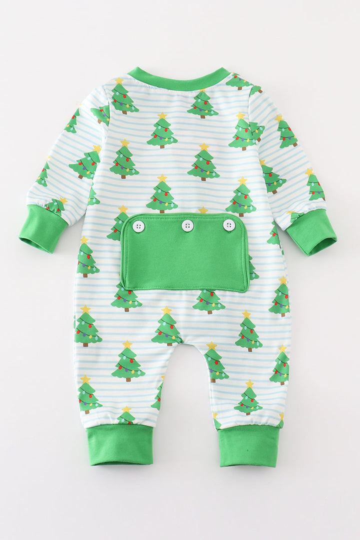 Green Christmas Tree Print Zip Romper