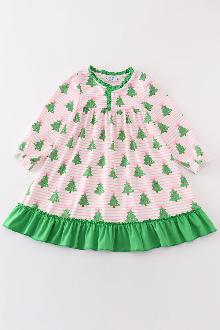 Green Christmas Tree Print Ruffle Girl Gown