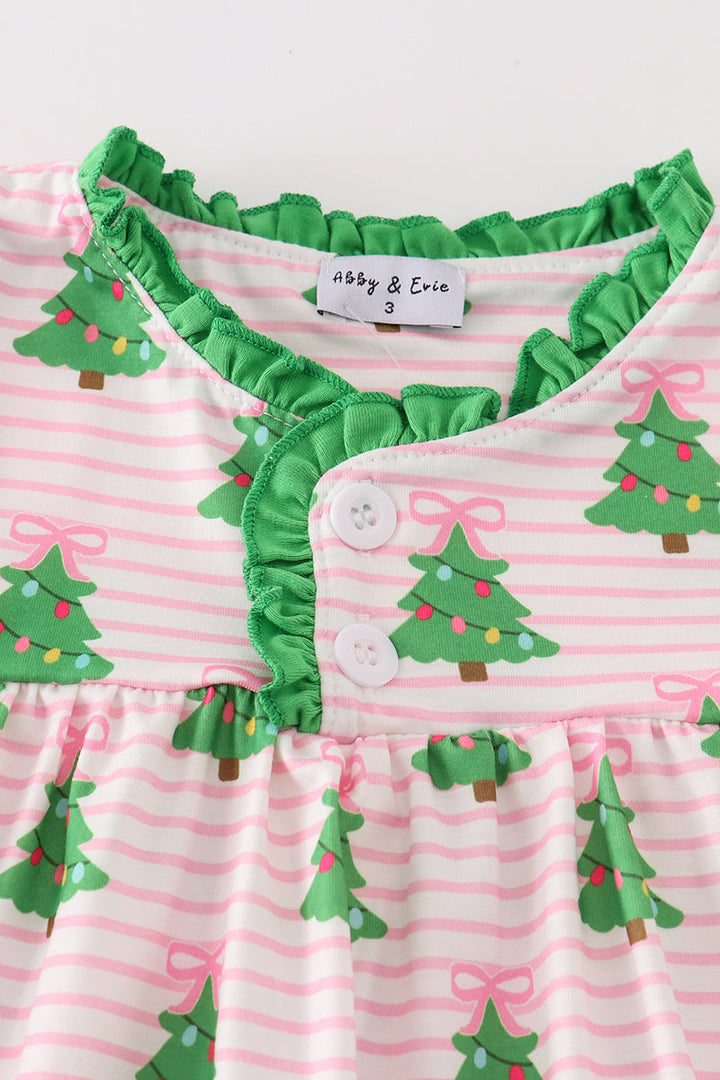 Green Christmas Tree Print Ruffle Girl Gown