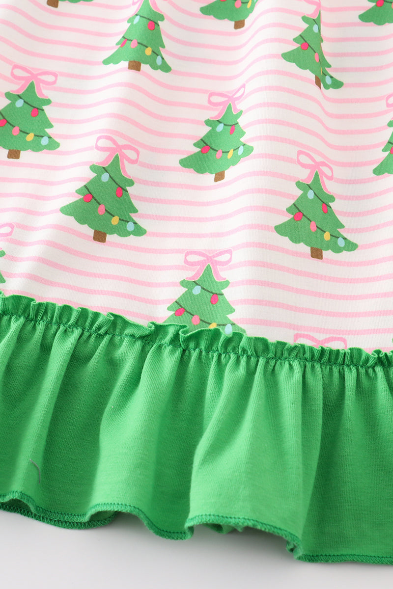 Green Christmas Tree Print Ruffle Girl Gown