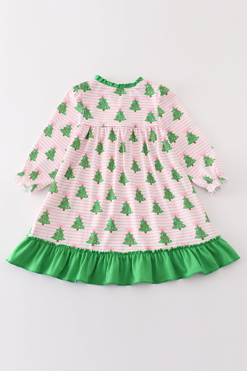 Green Christmas Tree Print Ruffle Girl Gown